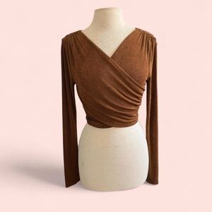 Modern Lovers + Friends Coquette V Neck Ruched Wrap Going Out Top Shirt in Rust